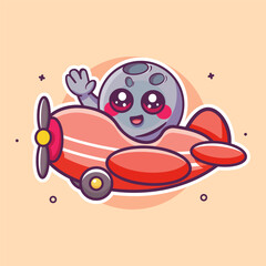 cheerful moon character mascot flying an airplane isolated cartoon