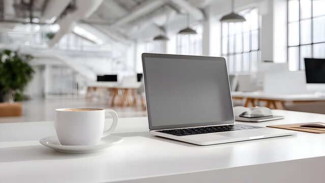 Bright modern office workspace with laptop and coffee cup on clean white desk in spacious room - Powered by Adobe