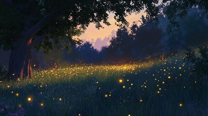 Enchanted Meadow at Twilight: A Symphony of Fireflies and Golden Light