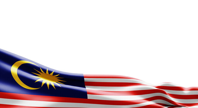 Waving Malaysian Flag (Jalur Gemilang) Isolated on White with Copy Space
