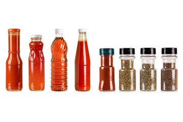 Bottle of sauce collection with spicy and herb isolated on white background.
