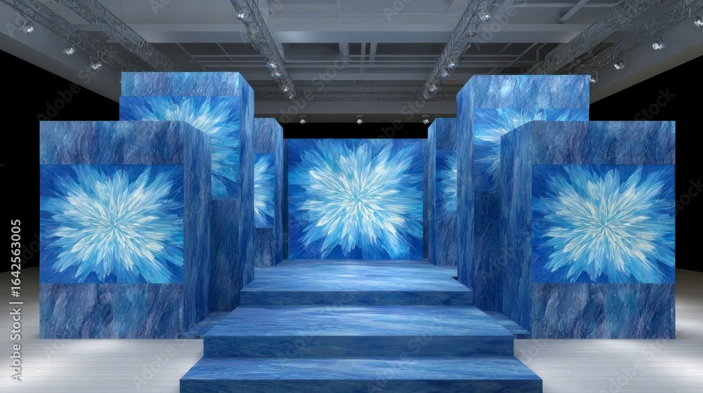 Aufkleber blue abstract floral patterns on ice textured blocks and steps indoor stage setting