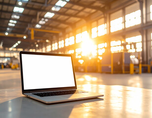 Laptop mockup in factory setting for industrial design presentation