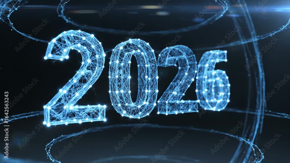 Aufkleber glowing blue digital rendering of the year 2026 with neon-like circuits on a dark background