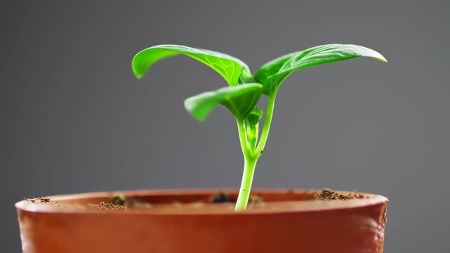 A young plant sprouts from soil in a terracotta pot