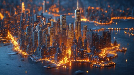 Night city lights, futuristic NYC