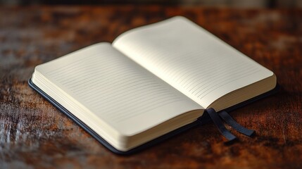 Open notebook, blank pages, dark wood table
