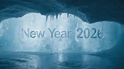 New Year 2026 celebration inside a stunning ice cave with icicles and a frozen lake in a serene winter wonderland scene.