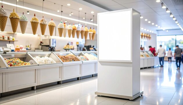 Blank white advertising billboard in a bright modern candy store with ice cream cone displays and candy bins creates perfect marketing potential with a crisp and clean backdrop.