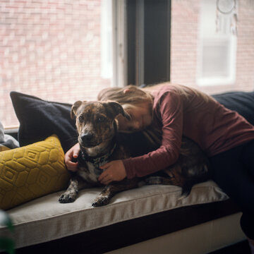 A Child Hugging Dog on Window Bench  shot on Portra 800 Film