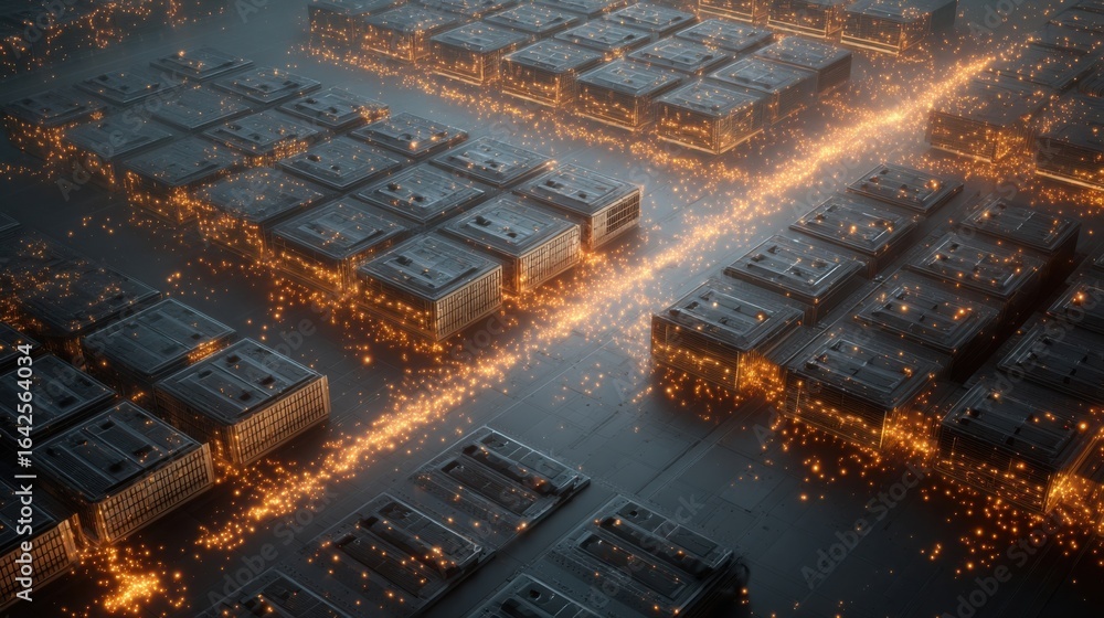 Poster an overhead view of large battery storage units connected with glowing lines to represent data trans