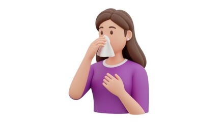 Young woman in a purple shirt using a tissue for her nose, expressing concern in a clean background