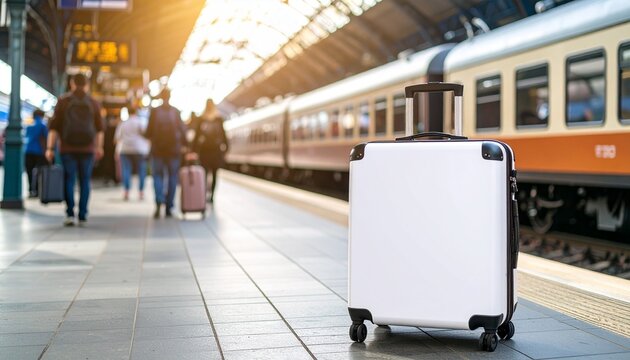A modern white suitcase sits on a train platform awaiting departure, as blurred travelers stroll by and a vintage train awaits passengers in the golden light of the station.