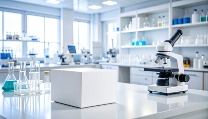 Modern laboratory workspace featuring scientific equipment, a blank white box, beakers, flasks, and other lab instruments on a reflective white surface, providing a clean and professional backdrop.