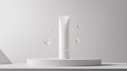 A sleek white skincare serum package floating horizontally in mid-air, with a few drops of transparent cream oil scattered around it