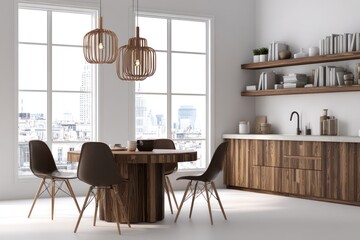 Modern, minimalist kitchen with city views