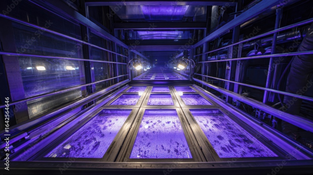 Poster an overhead view of a hybrid photobio reactor system illuminated by soft led lights highlighting the