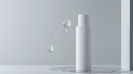 A sleek white skincare serum package floating horizontally in mid-air, with a few drops of transparent cream oil scattered around it