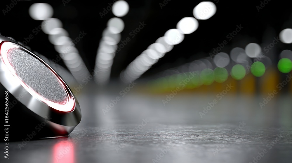 Poster close up of a textured metallic surface with red and white illumination and a blurred background of 
