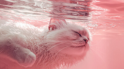 high-resolution reference visuals or examples of a furry cat either fully or partially submerged in clear pink water, viewed from below or with the cat below the surface. 