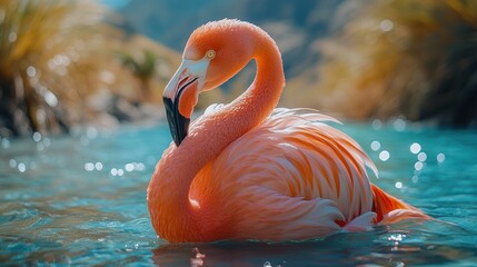 Pink flamingo preening in shallow water