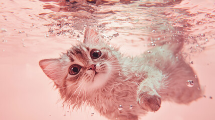 high-resolution reference visuals or examples of a furry cat either fully or partially submerged in clear pink water, viewed from below or with the cat below the surface. 
