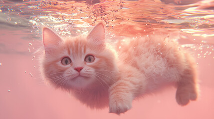 high-resolution reference visuals or examples of a furry cat either fully or partially submerged in clear pink water, viewed from below or with the cat below the surface. 