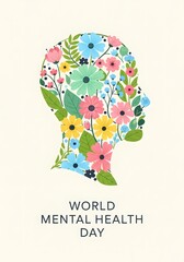 Beautiful illustration for World Mental Health Day, showcasing a head silhouette blooming with colorful flowers.