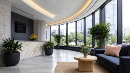 Naklejka premium Modern lobby interior with curved glass windows seating area potted plants and city view