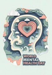 Layered paper-cut style illustration for World Mental Health Day, a head silhouette with a central heart, clouds, and waves.