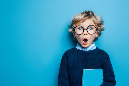 Back to school Portrait of happy surprised kid in glasses isolated on blue background with copy space. new school knowledges