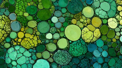 Vibrant abstract cellular pattern with overlapping green and yellow circular shapes resembling organic bubbles, ideal for scientific, artistic, and nature-inspired design projects. 