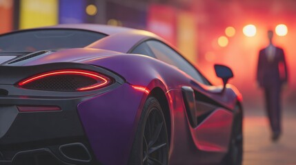 Close up of a sleek purple sports car with illuminated taillights a blurry figure in a suit walks in the background