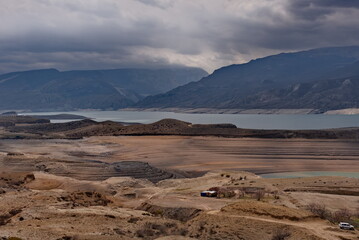 Dubki, Russia. April 03, 2021. Scenic view of the reservoir on the Sulak River in the mountains of the North Caucasus.