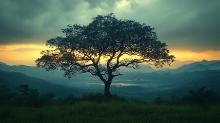 Fototapeta premium Silhouette Tree at Sunset Vibrant Sky Layered Mountains Water Valley Green Grass Foreground Serene Natural Landscape