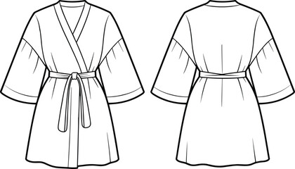 Belted kimono short robe technical drawing, fashion flat sketch template, front back view, vector outline, CAD apparel design