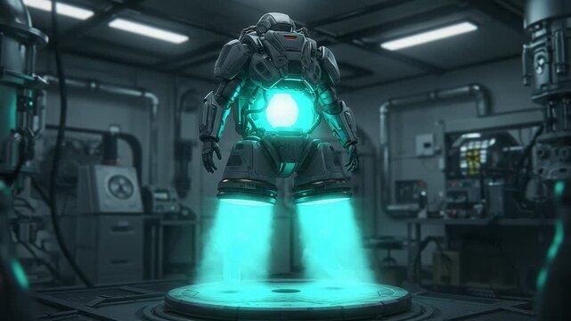 Futuristic jetpack suit in high-tech laboratory setting