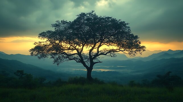 Silhouette Tree at Sunset Vibrant Sky Layered Mountains Water Valley Green Grass Foreground Serene Natural Landscape