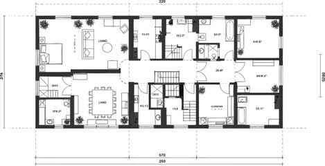 Architectural detailed CAD floor plan drawing with dimensions, residential house layout featuring living rooms, bedrooms, kitchens, bathrooms, and staircases