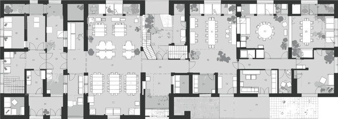 Architectural floor plan drawing, detailed office layout, interior space planning, modern building blueprint, workspace design schematic, CAD illustration