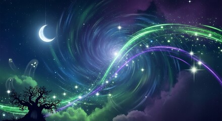 Mystical night sky with a glowing crescent moon, playful ghosts, and swirling aurora-like lights over a silhouetted, gnarled tree.