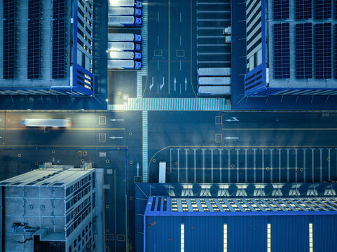 Warehouse and Truck Logistics Aerial View at Night
