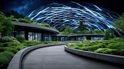 Exploring a Futuristic Energy Plant: A Vision of Clean Technology Surrounded by Lush Bioluminescence and Circular Walkways