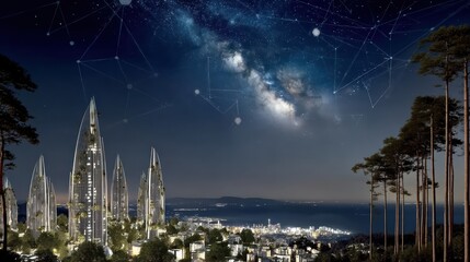Exploring the Futuristic Holographic Cityscape of Barcelona Under a Starry Sky with Clean Power Solutions