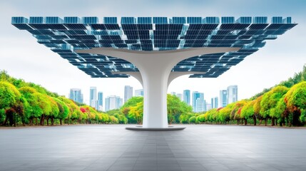 Innovative Solar Panels Gracing the Rooftop of a Modern Building in a Lush Park Environment for Future Energy Solutions