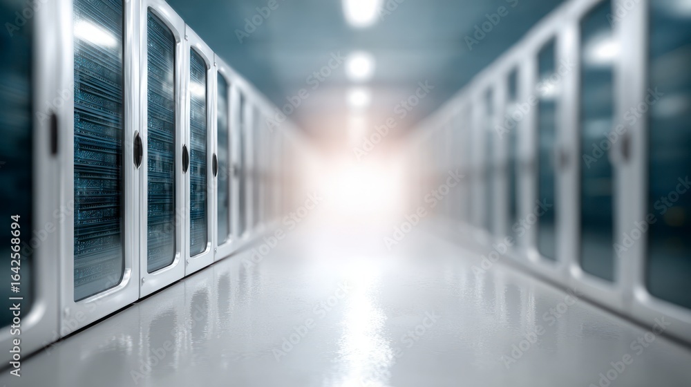 Poster rows of server racks with illuminated lights in a data center hallway server room
