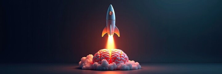 A rocket launches from a brain, symbolizing innovative thinking.