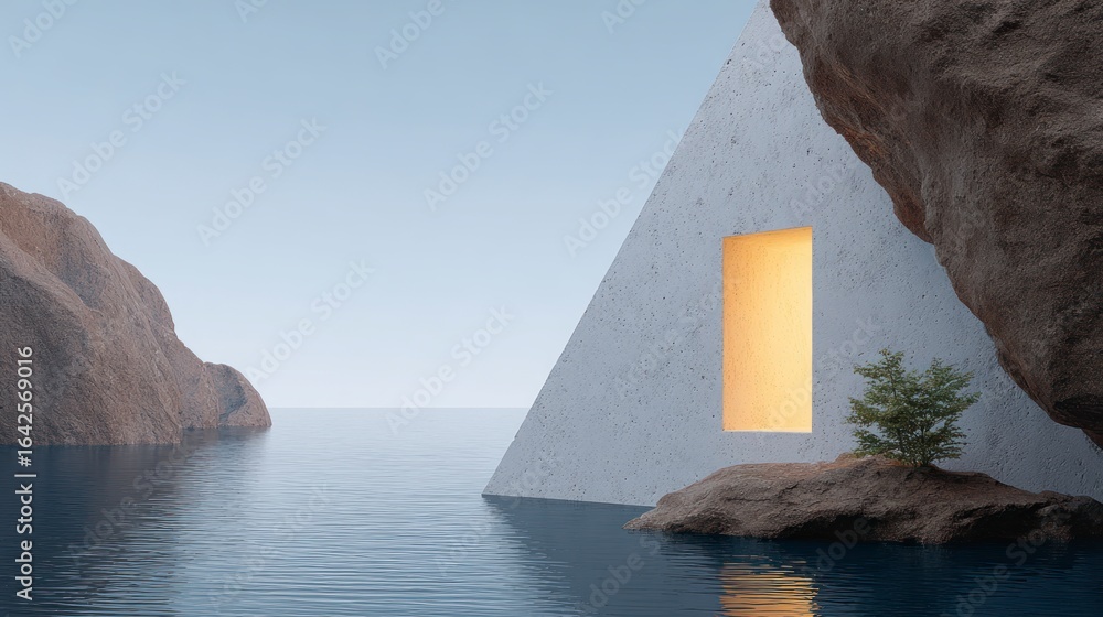 Poster minimalist abstract structure with glowing window set against calm water and rock formations