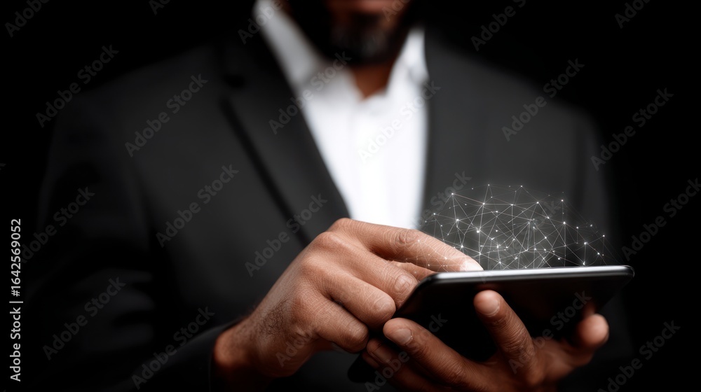 Poster businessman using tablet with glowing network visualization technology