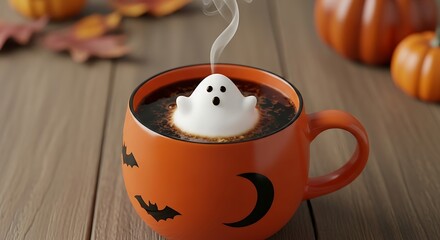 Halloween themed coffee with ghost marshmallow in orange mug with bats and pumpkins on wood table